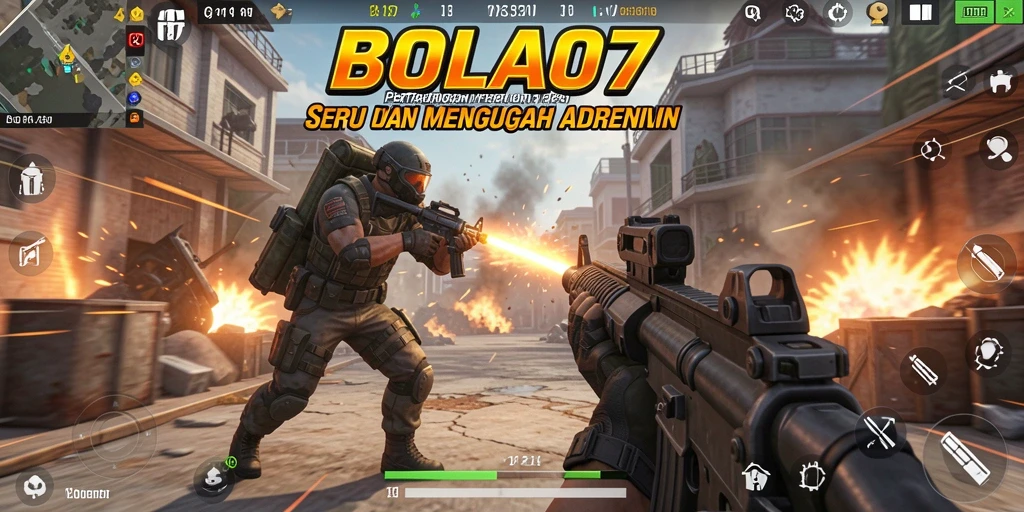 Gambar gameplay BOLA07 dengan aksi menembak yang intens.