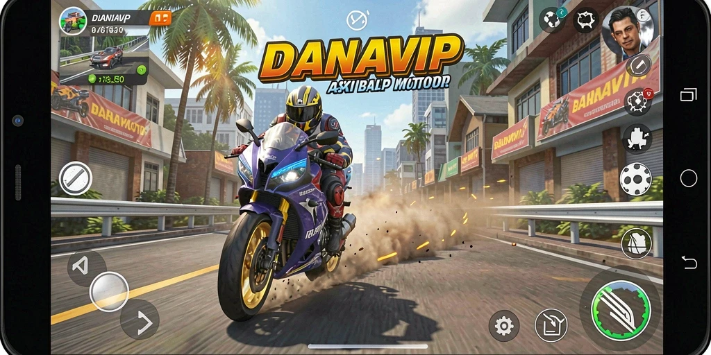 Tampilan gameplay seru dalam balapan motor di DANAVIP.