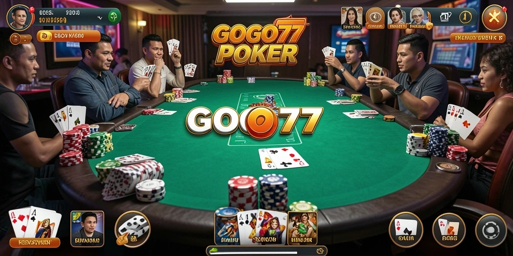Screenshot GOGO77 menampilkan gameplay Poker yang mendebarkan dan interaktif.