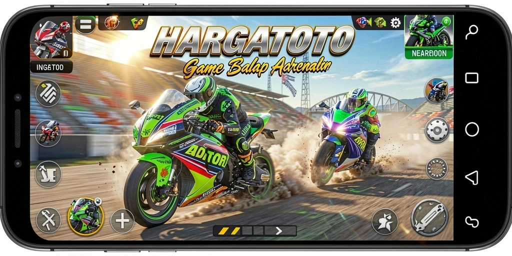 Gameplay menegangkan HARGATOTO dengan motor balap di lintasan.