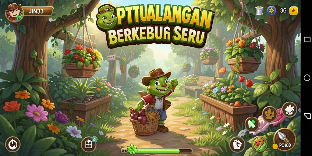 Gameplay <strong>JIN33</strong> yang menampilkan ladang dan tanaman yang subur.