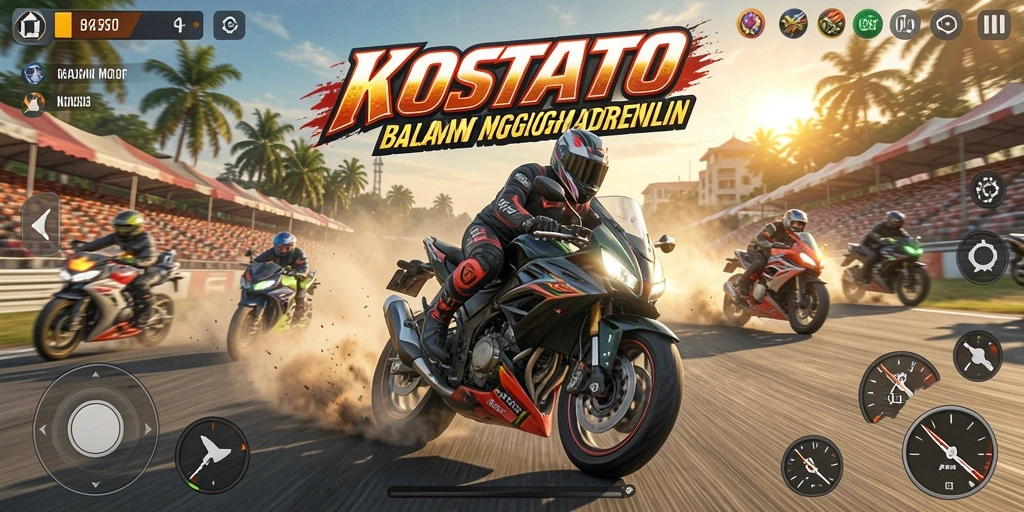 Screenshot utama KOSTOTO menampilkan aksi balapan motor yang mendebarkan.