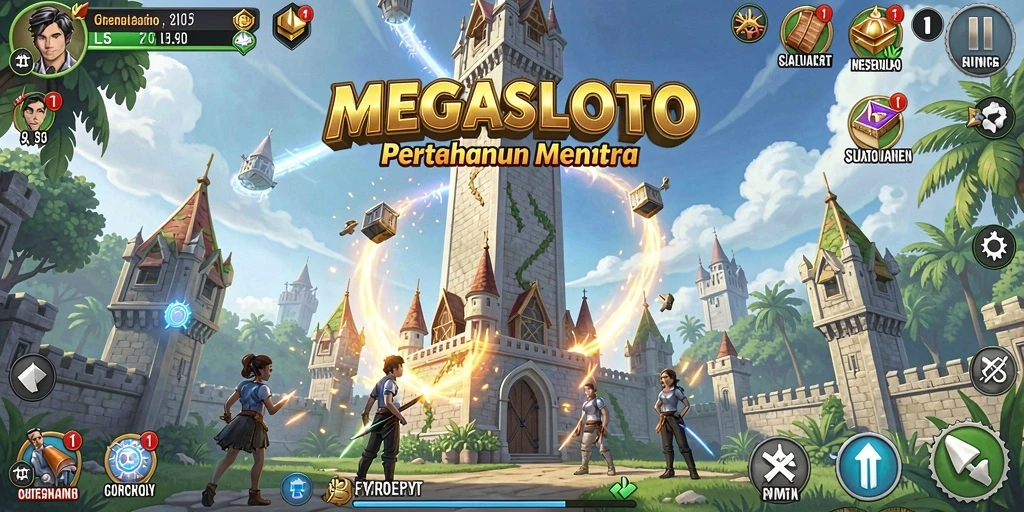 Tampilan gameplay MEGASLOTO yang menegangkan dalam pertahanan menara.
