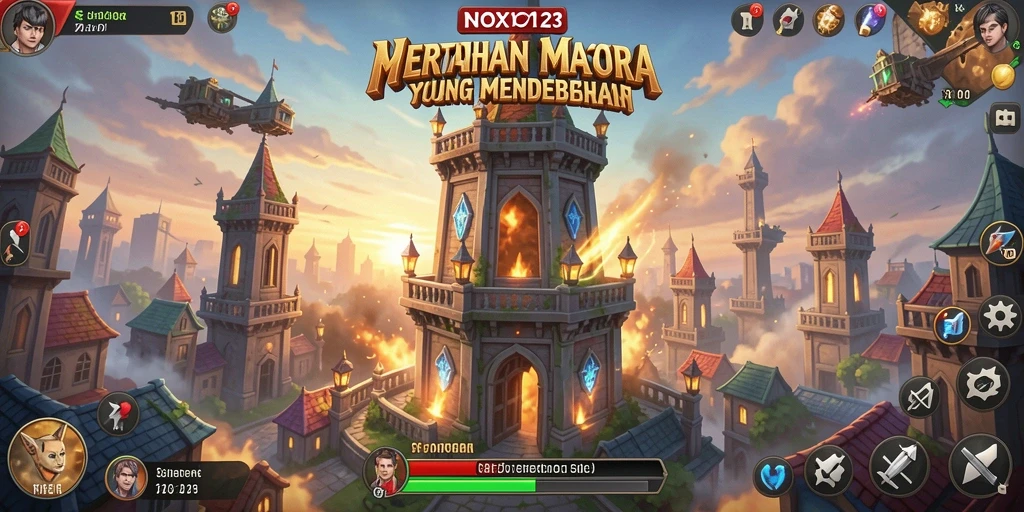 Gameplay menegangkan Tower Defense di NOX123 saat mempertahankan menara.
