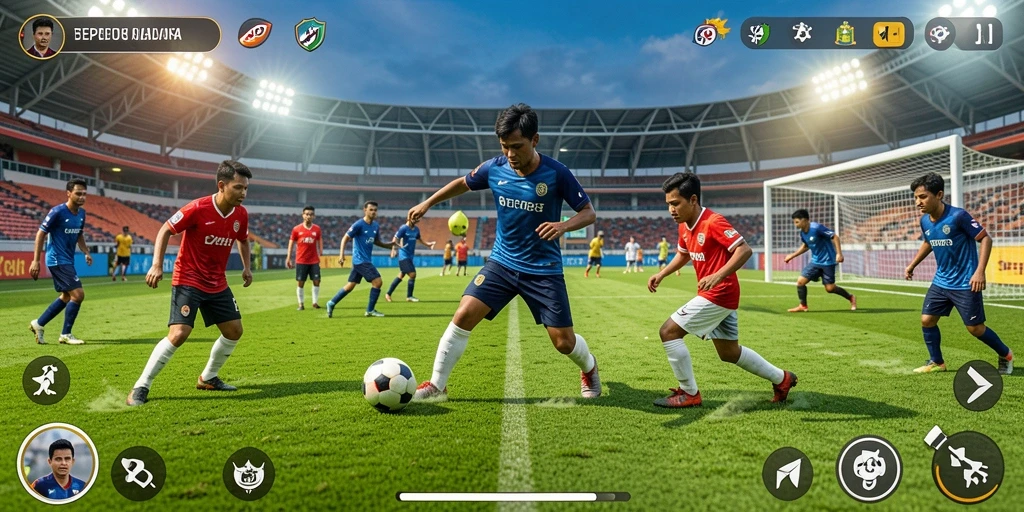 Tangkapan layar gameplay PP7 menampilkan aksi sepak bola yang mendebarkan.