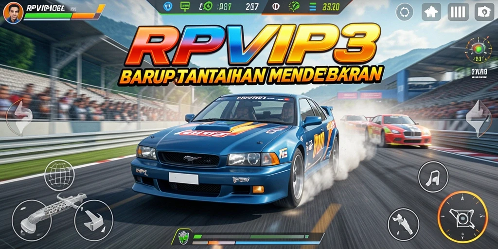 Screenshot dari gameplay RPVIP3 dengan aksi balapan yang mendebarkan.
